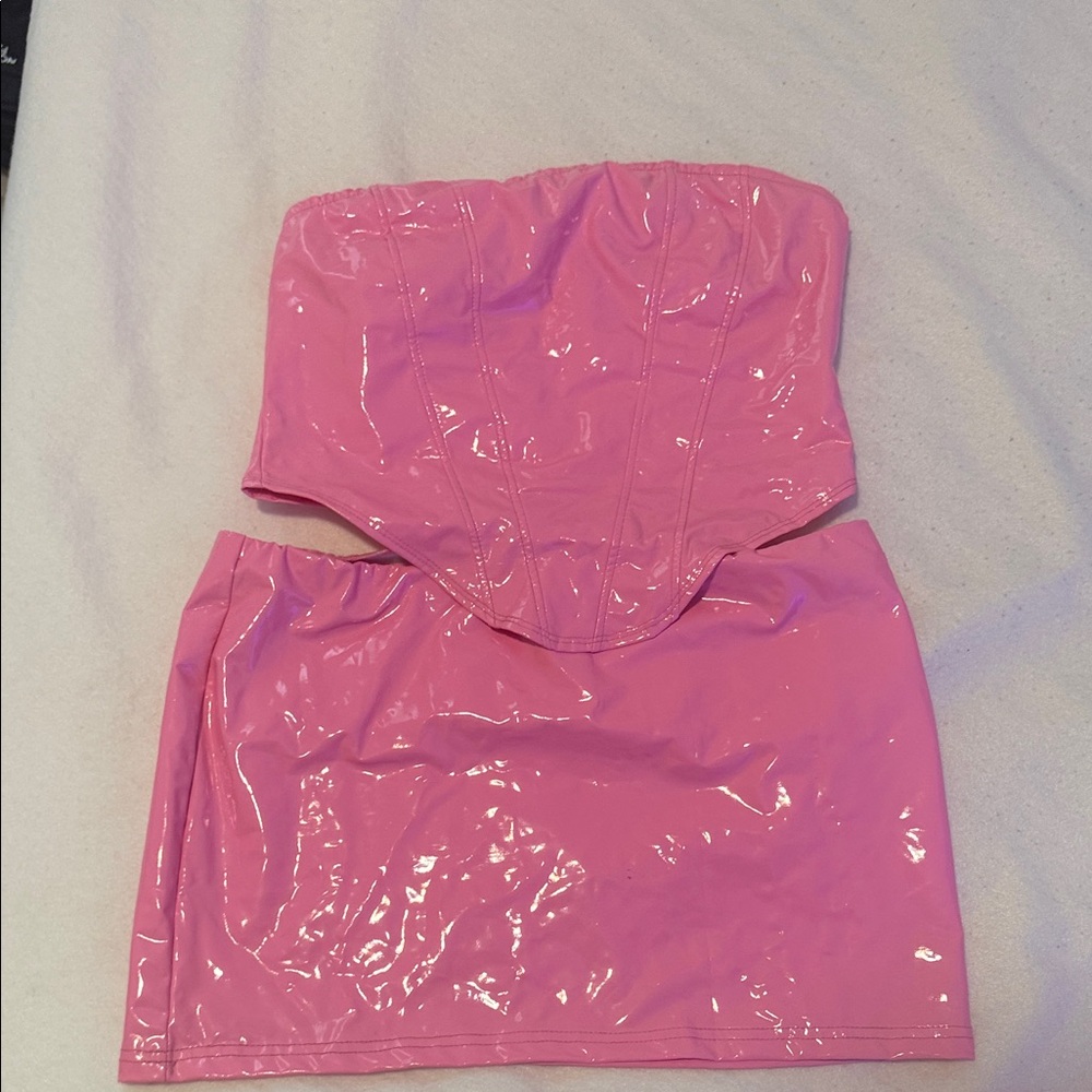 Shiny Patent Pink Strapless Corset Top and Mini Skirt Set